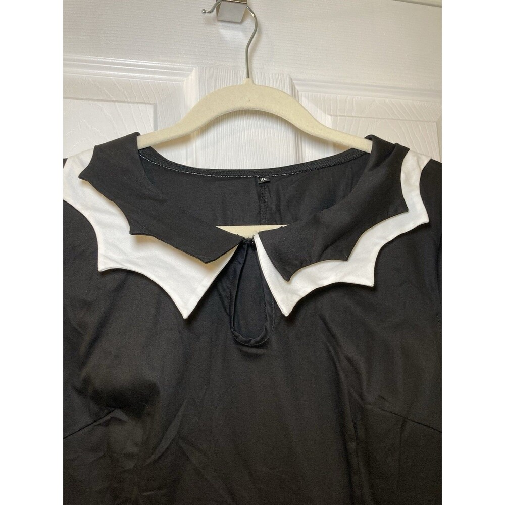 Black Bat Print A-Line Dress Spiderweb Collar Scalloped Short Sleeve XL - Picture 4 of 10